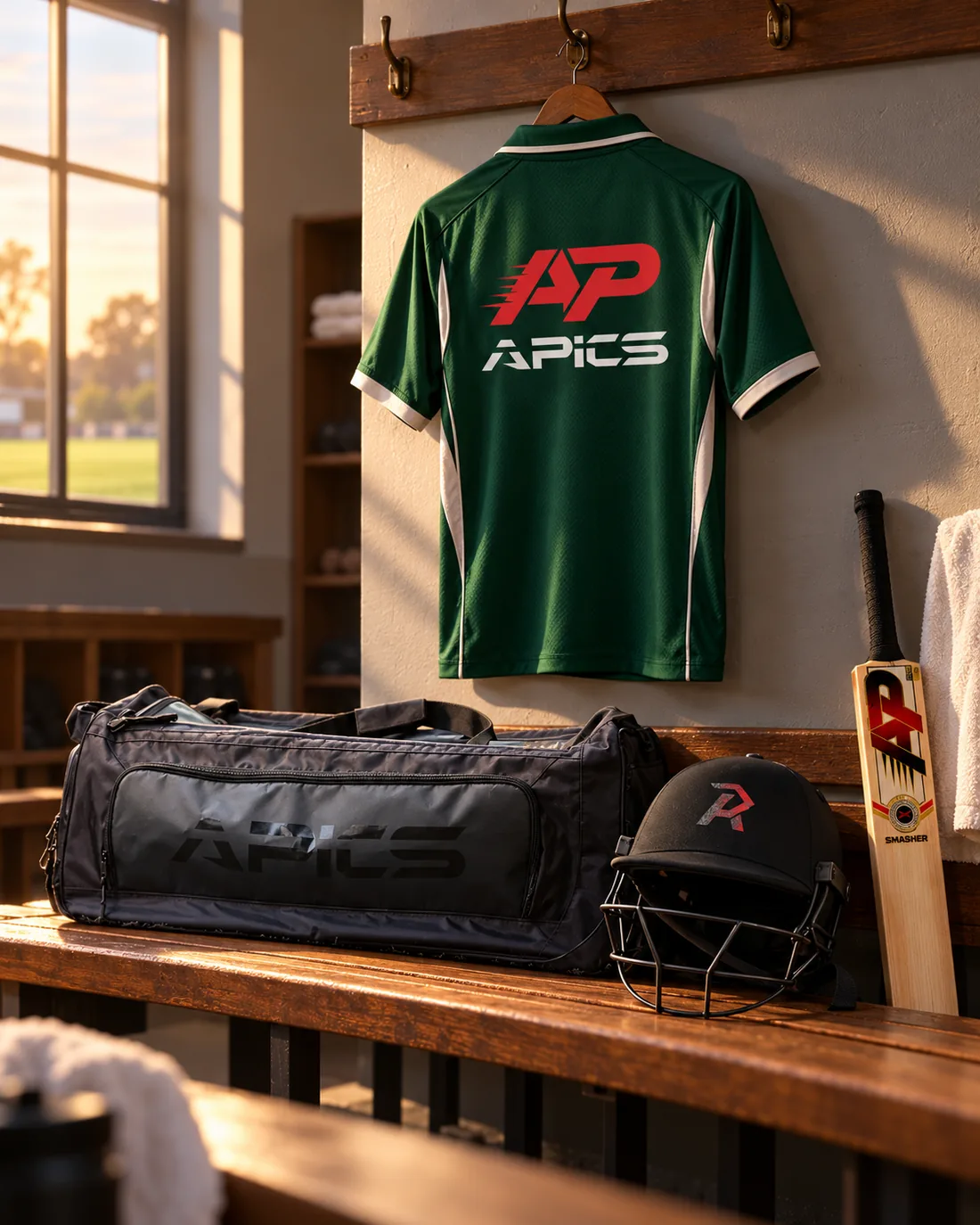 A green APICS match shirt hanging in a dressing room, with the Smasher kit bag, helmet and bat on the bench below